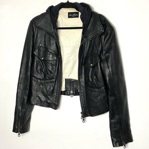 Anna Biagini Leather Biker Jacket w Hood ADDER Made in Italy 46 US 10 Medium
